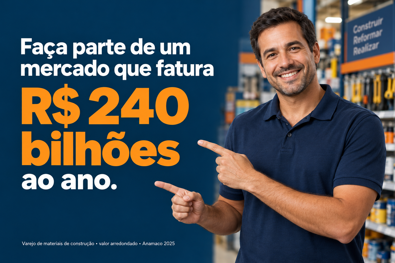 Homem representando um futuro franqueado, apontando com as duas mãos para a mensagem: Faça parte de um mercado que fatura R$ 240 bilhões ao ano.